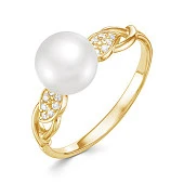 Кольцо из желтого золота с белой речной жемчужиной 9,5-10 мм