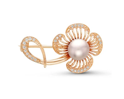 Брошь "Цветок" из серебра с розовой речной жемчужиной 7,5-8 мм