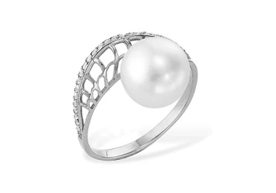 Кольцо из белого золота с белой речной жемчужиной 7,5-8 мм