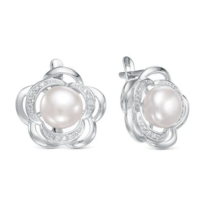 Серьги "Роза" из серебра c белыми речными жемчужинами 8 мм