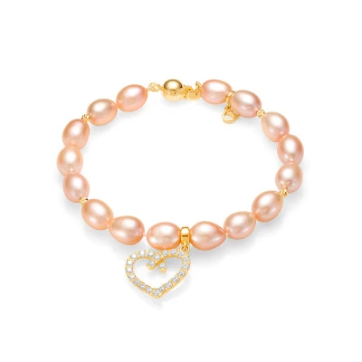Браслет "Сердце" из розового рисообразного речного жемчуга 7,5-8 мм с подвеской из серебра