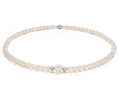 Ожерелье со вставками из белого круглого речного жемчуга класса ААА. Жемчужины 6-10 мм