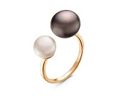 Кольцо "Диор" из серебра с белой и черной речными жемчужинами 7-10 мм