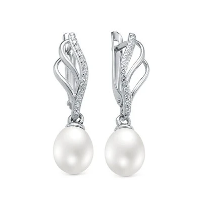 Серьги из белого золота с белыми речными жемчужинами 9-10 мм