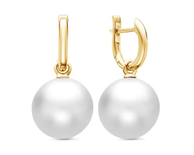 Серьги из желтого золота с белыми морскими Австралийскими жемчужинами 13,6-13,9 мм