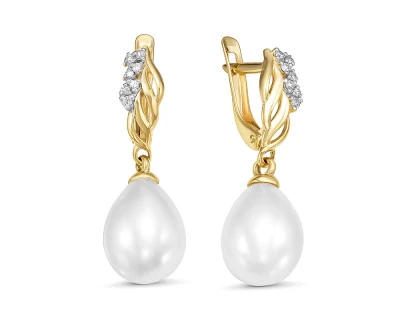 Серьги из желтого золота с белыми речными жемчужинами 9-10 мм