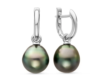 Серьги из серебра c черными морскими Таитянскими жемчужинами 10,6-10,9 мм