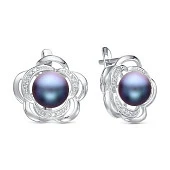 Серьги "Роза" из серебра с черными речными жемчужинами 8,5-9 мм