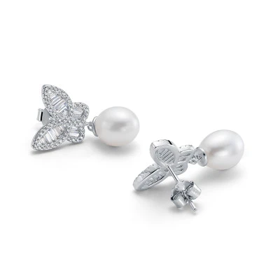 Серьги "Бабочки" из серебра c белыми речными жемчужинами 7,5-8 мм