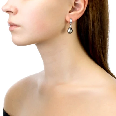 Серьги из серебра c черными морскими Таитянскими жемчужинами 10-10,5 мм