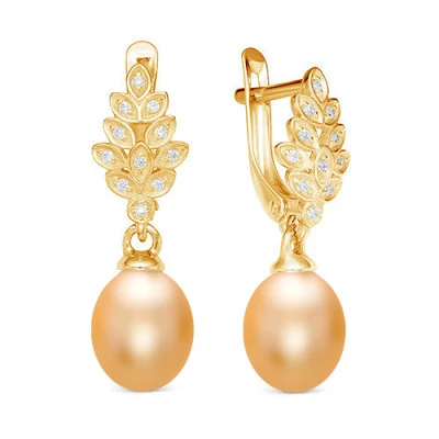 Серьги из серебра с золотистыми речными жемчужинами 8-8,5 мм