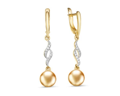 Серьги из желтого золота с золотистыми морскими жемчужинами Акойя 8-8,5 мм