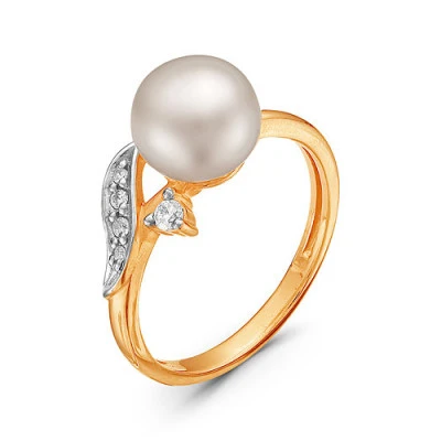 Кольцо из красного золота с белой речной жемчужиной 8,5-9 мм