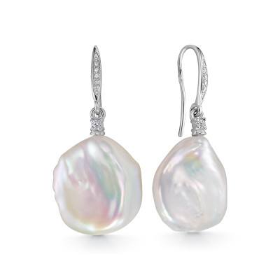 Серьги из серебра 925 пробы с белыми жемчужинами "Барокко" 17-18 мм