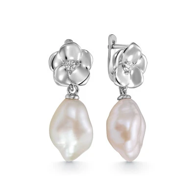 Серьги из серебра 925 пробы с белыми жемчужинами "Барокко" 11-14 мм