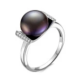 Кольцо из серебра с черной речной жемчужиной 10,5-11 мм