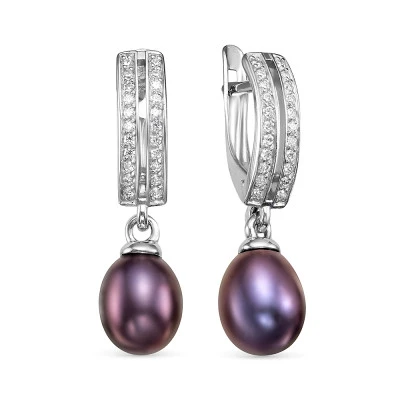 Серьги из серебра с черными речными жемчужинами 7,5-8 мм