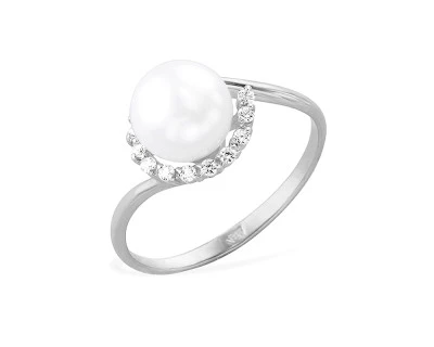 Кольцо из белого золота с белой речной жемчужиной 7-7,5 мм