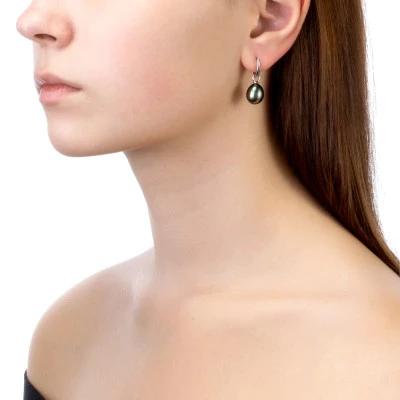 Серьги из серебра c черными морскими Таитянскими жемчужинами 10,6-10,9 мм