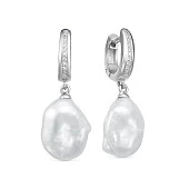 Серьги из серебра с белыми речными жемчужинами "Барокко" 13-15 мм