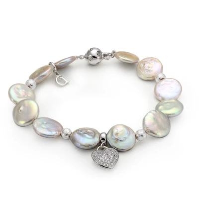 Браслет из серого речного барочного жемчуга 13 мм с подвеской из серебра