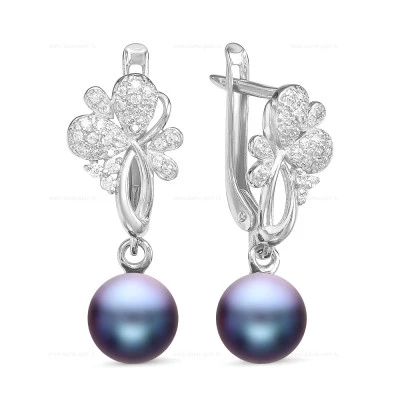 Серьги из серебра с черными речными жемчужинами 7,5-8 мм