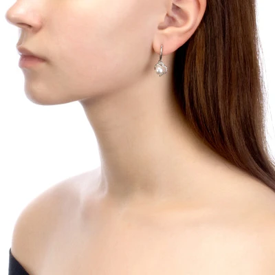 Серьги "Сердечки" из серебра c белыми речными жемчужинами 7-7.5 мм