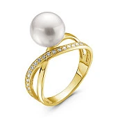Кольцо из желтого золота с белой морской жемчужиной Акойя 9-9,5 мм