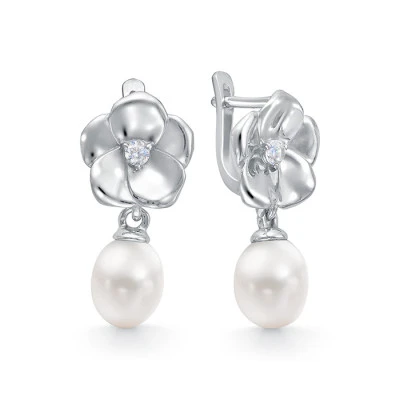 Серьги из серебра c белыми речными жемчужинами 7,5-8 мм
