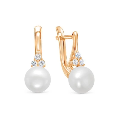 Серьги из красного золота  с белыми речными жемчужинами 8,5-9 мм