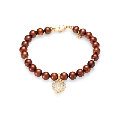 Браслет "Сердце" из шоколадного речного жемчуга 6,5-7 мм с подвеской из серебра