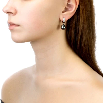 Серьги из серебра c черными морскими Таитянскими жемчужинами 11-11,5 мм