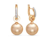 Серьги из желтого золота с золотистыми морскими Австралийскими жемчужинами 13-13,5 мм