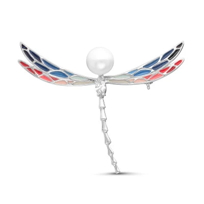 Брошь "Стрекоза" из серебра с белой речной жемчужиной 7,5-8 мм