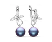 Серьги "Бабочки" из серебра с черными речными жемчужинами 7,5-8 мм