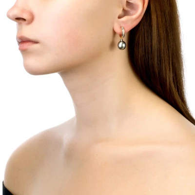 Серьги из серебра c черными морскими Таитянскими жемчужинами 10-10,5 мм