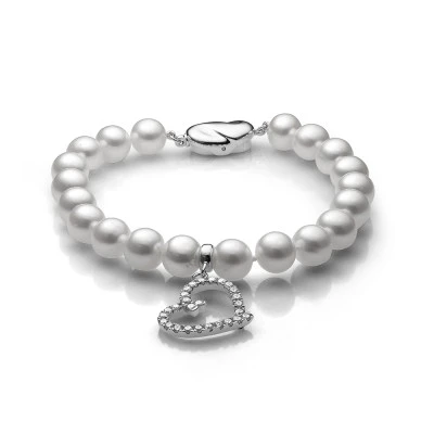 Браслет из белого круглого речного жемчуга 8,5-9,5 мм с подвеской из серебра