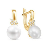 Серьги из желтого золота с белыми речными жемчужинами 8,5-9 мм