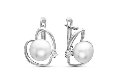 Серьги "Сердечки" из серебра c белыми речными жемчужинами 7,5-8 мм