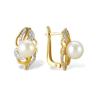 Серьги из желтого золота с белыми речными жемчужинами 7,5-8 мм