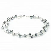 Ожерелье из серого рисообразного речного жемчуга и бисера. Жемчужины 9-10 мм