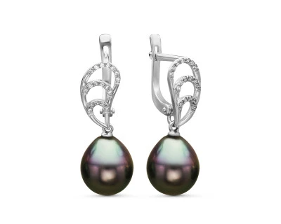 Серьги из серебра c черными морскими Таитянскими жемчужинами 10-10,5 мм