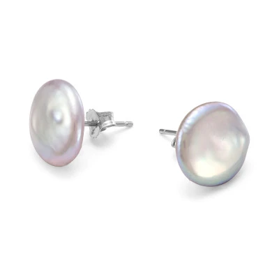 Пусеты из серебра с серебристыми речными жемчужинами "Барокко" 12-13 мм