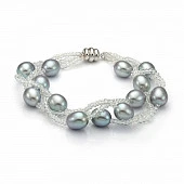 Браслет в 3 ряда из серого рисообразного речного жемчуга с бисером. Жемчужины 9-10 мм