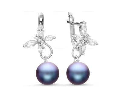 Серьги "Бабочки" из серебра с черными речными жемчужинами 7,5-8 мм