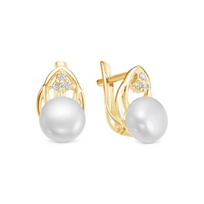 Серьги из желтого золота с белыми речными жемчужинами 7,5-8 мм