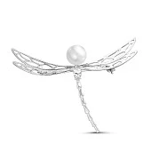 Брошь "Стрекоза" из серебра с белой речной жемчужиной 7-7,5 мм
