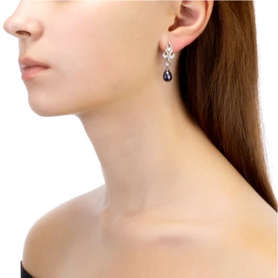 Серьги из серебра с черными речными жемчужинами 7,5-8 мм