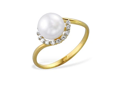 Кольцо из желтого золота с белой речной жемчужиной 7-7,5 мм