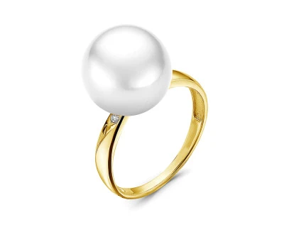 Кольцо из желтого золота с белой морской Австралийской жемчужиной 11,6-11,9 мм